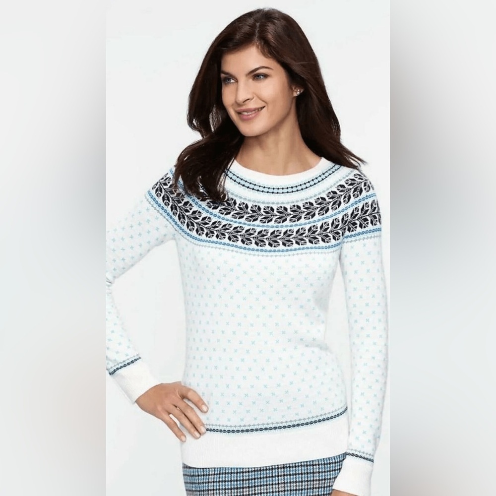 Talbots Fair Isle Sweater White Blue Black Nordic Knit